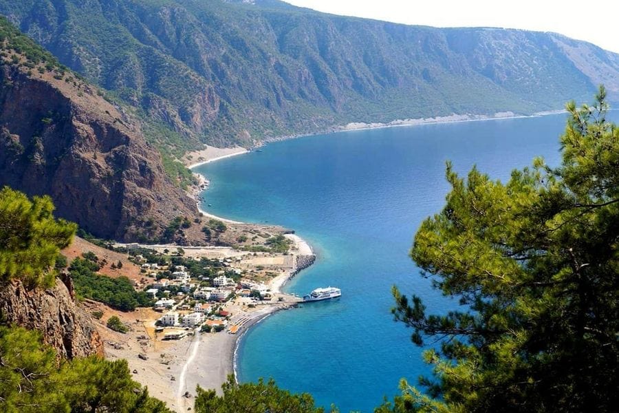 Chania hiking tour: a view from a pine-covered slope down to a small white-house village with a pier and a white boat beside a long pebble shore, on a deep blue bay below steep green mountains.