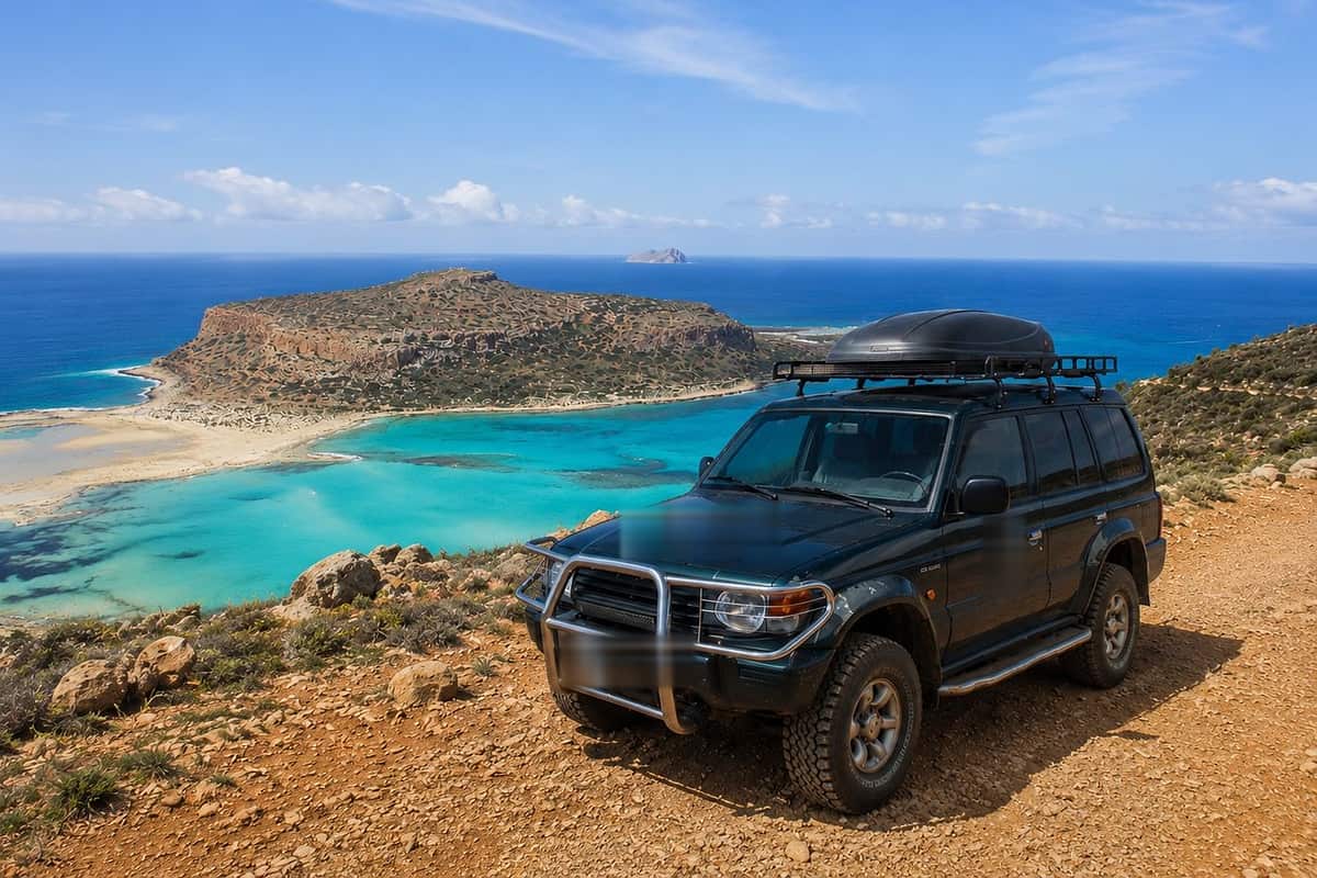Chania jeep safari: a dark green 4x4 with a roof rack and a black roof box stands on an orange dirt track above Balos Lagoon, with its bright turquoise water, a pale sand bar and the flat-topped hill of Cape Tigani below under a deep blue sky with thin white clouds.