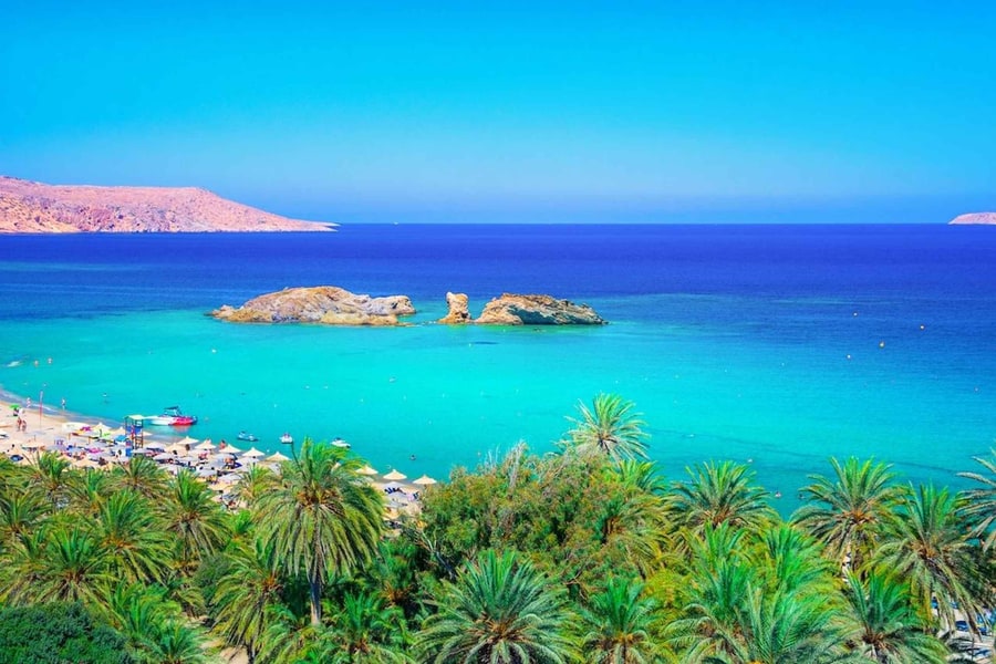 Crete beach trip: a grove of tall palm trees rises above a curved sandy beach with parasols, beside a bright turquoise bay with two rocky islets and a pink-tinted headland under a clear blue sky.