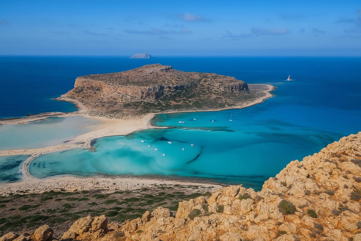 Crete boat trip: aerial view of a lagoon of turquoise shallows and a white sand spit below a rocky island with scrubby hills, under a clear blue sky.