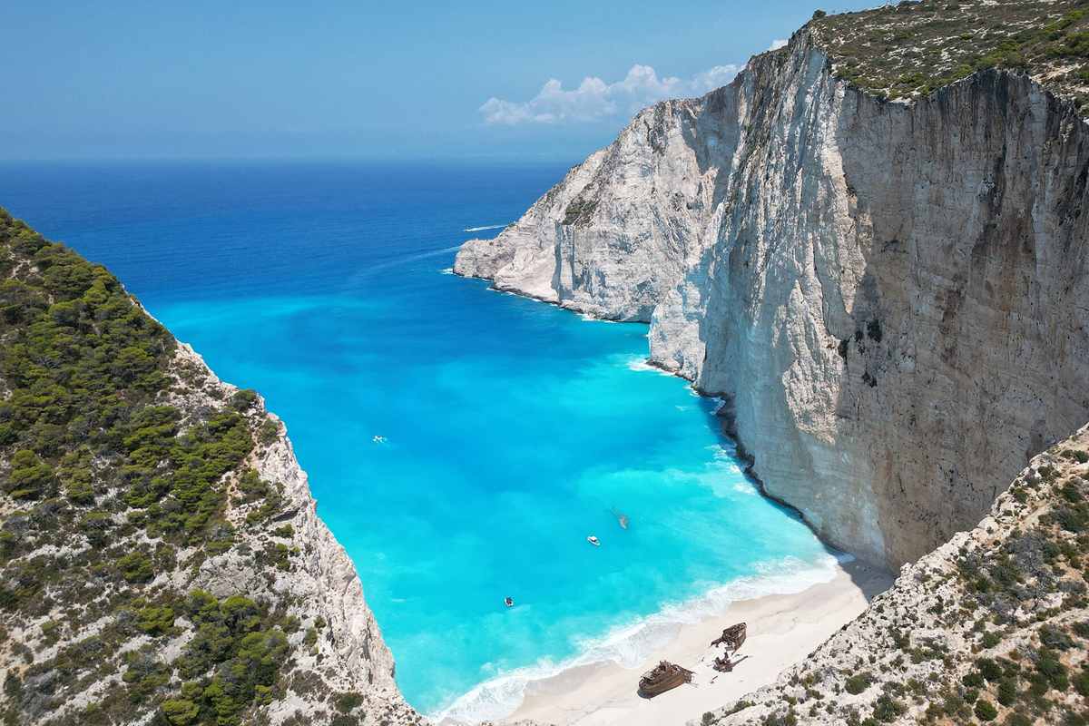 Navagio shipwreck beach on Zakynthos seen from the cliffs above, a top sight on Greece tours