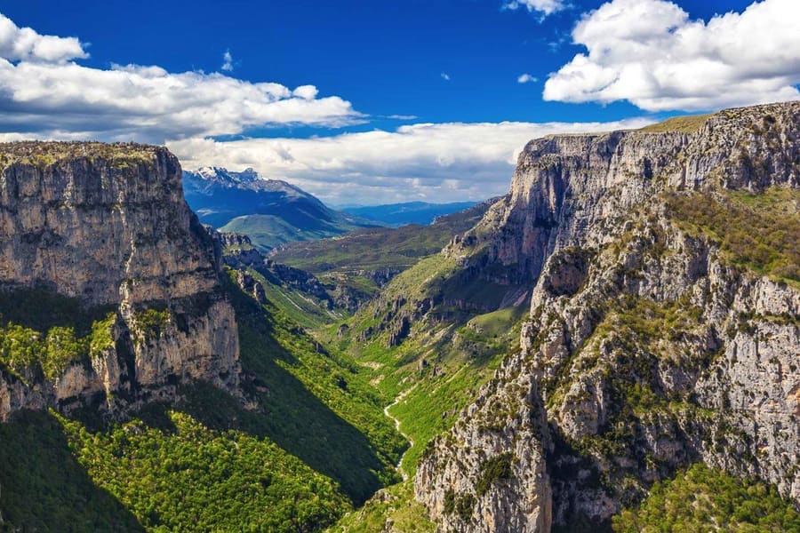 Ioannina Zagori tour: the Vikos Gorge seen from a viewpoint, with tall limestone cliffs, a green forested canyon floor and a snow-dusted mountain far away under a blue sky with white clouds.