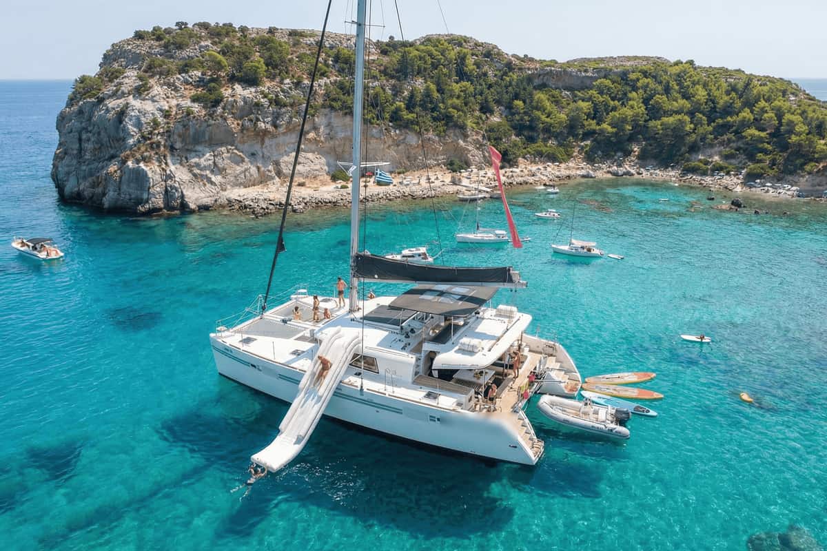 Rhodes catamaran cruise anchored in the turquoise water of Anthony Quinn Bay, with swimmers by its water slide below the pine-covered headland